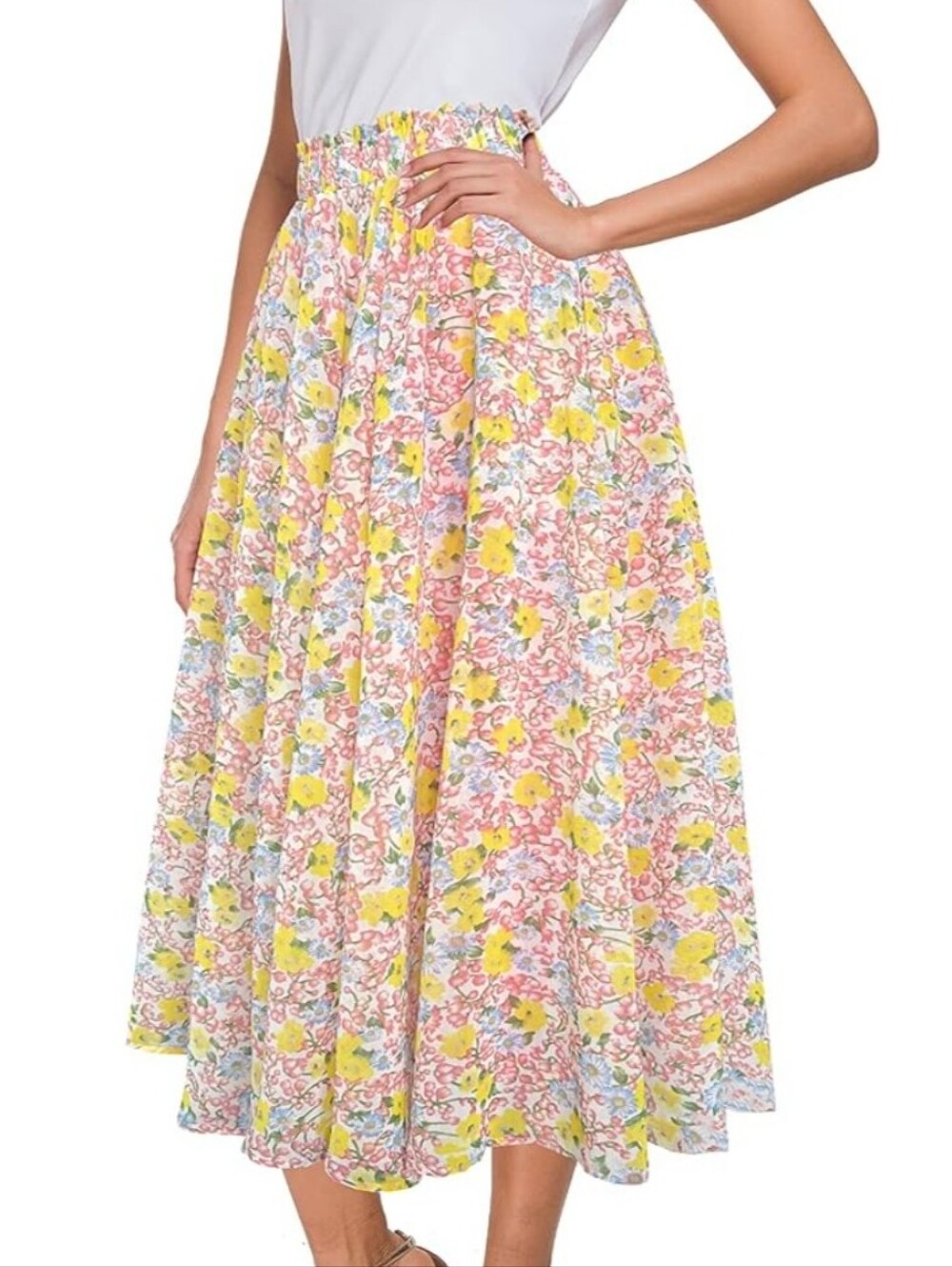 Floral Midi Skirt with Pleated Details - Pink, Yellow & Blue